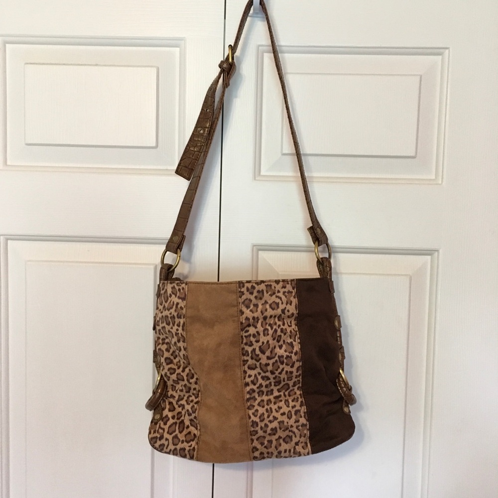 Bueno Suede Patchwork Leopard print & brown Hobo purse.
